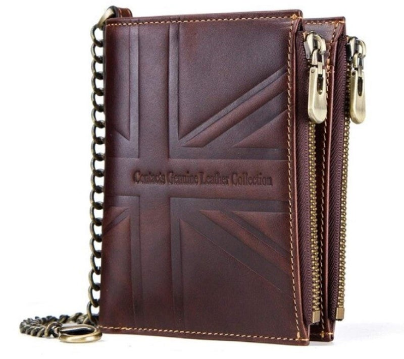 Contacts Men's Genuine Leather RFID Blocking Bi-fold Wallet | Upto 8 Card Slots Including 1 ID Window | 2 Zip Closure Currency Compartment & 2 Banknote Compartments (Brown), N78-Brown, Classic - Image 1